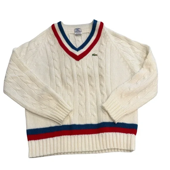 Vintage IZOD Lacoste Cable Knit V-Neck Sweater XL Cream Red Navy Men’s